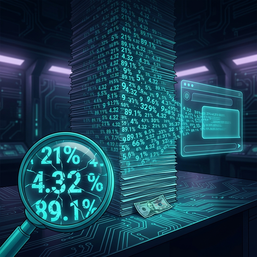 Illustration of a $50 bill beside a towering stack of fake statistics being pulled into an AI chatbot answer.
