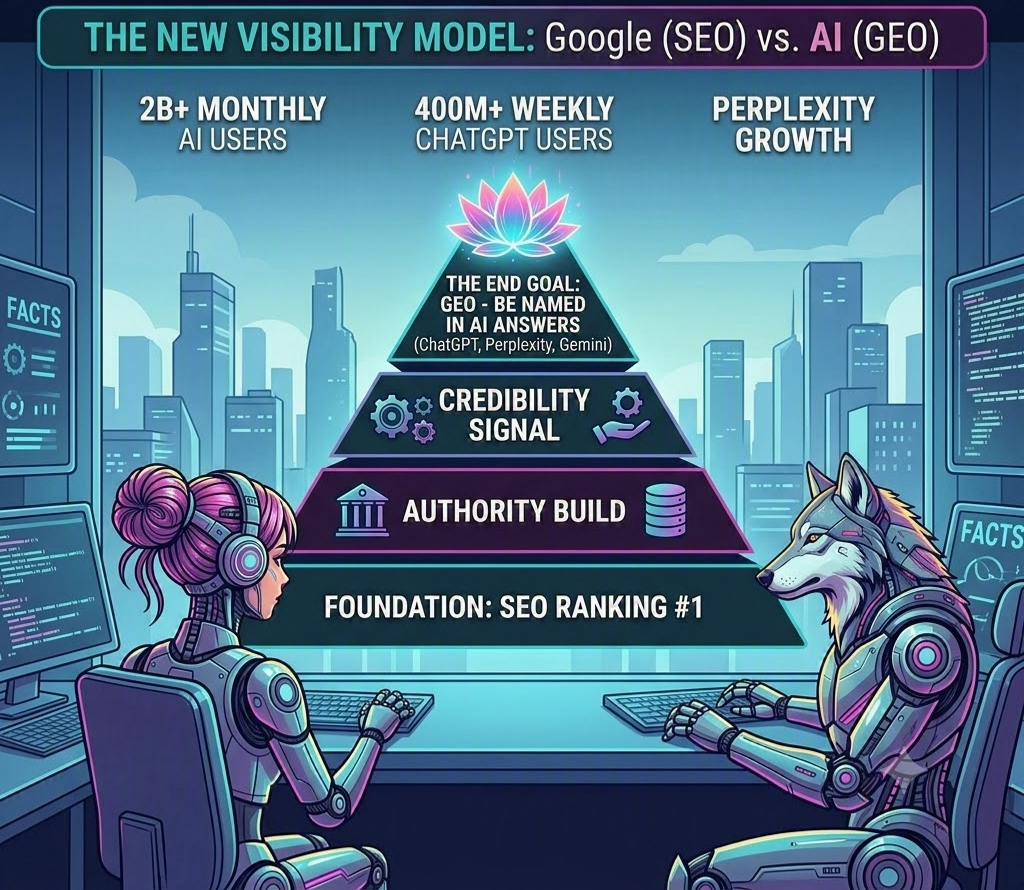 The New Visibility Model: Google (SEO) vs. AI (GEO) — a pyramid infographic showing SEO ranking as the foundation, authority building, credibility signals, and the end goal of being named in AI answers like ChatGPT, Perplexity, and Gemini