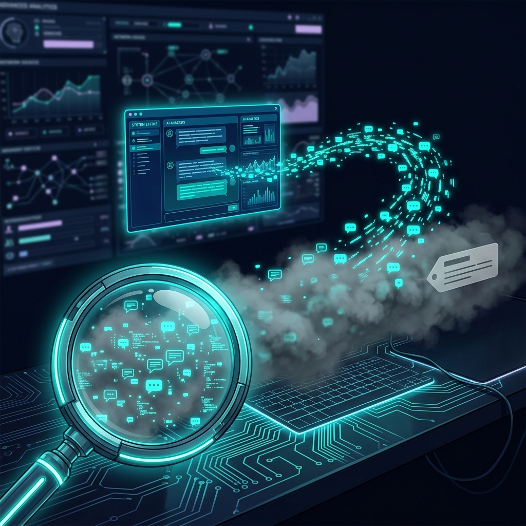 Illustration of AI chat traffic flowing into an analytics dashboard and disappearing into an unlabeled channel, revealed by a magnifying glass.