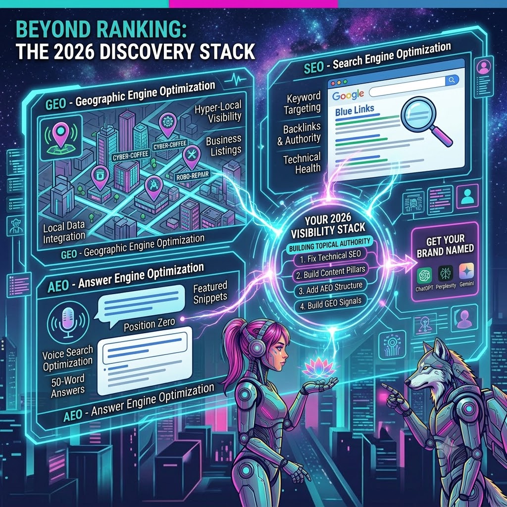 Beyond Ranking: The 2026 Discovery Stack infographic showing SEO, GEO, and AEO as the interconnected optimization layers surrounding the 2026 visibility stack: fix technical SEO, build content pillars, add AEO structure, and build GEO signals