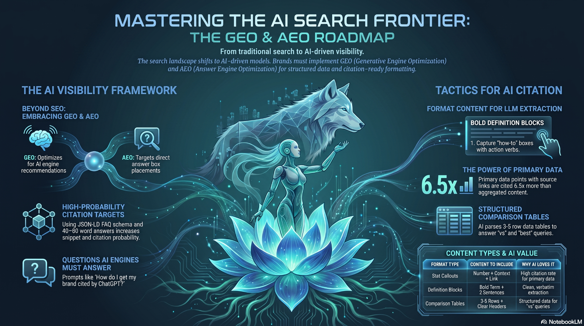 AI search strategy roadmap showing the evolution from SEO to GEO and AEO with framework diagrams and citation tactics