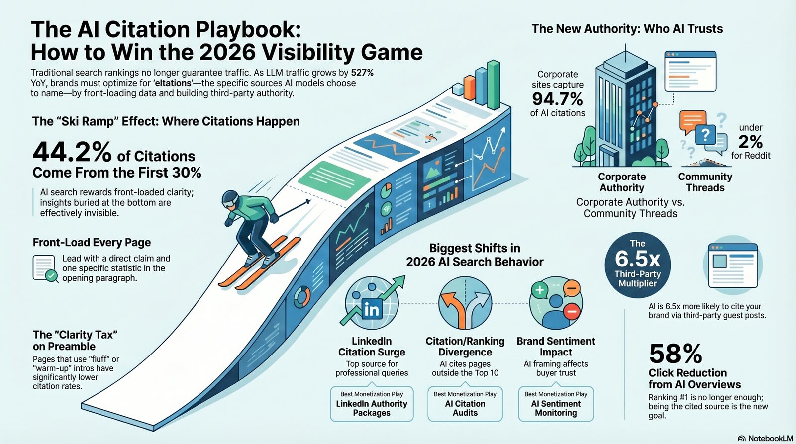 The AI Citation Playbook: How to Win the 2026 Visibility Game — ski ramp effect, corporate authority vs community threads, front-load every page