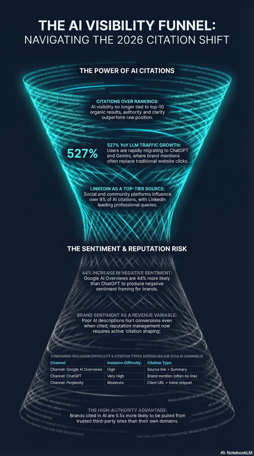 The AI Visibility Funnel: Navigating the 2026 Citation Shift — 527% YoY LLM traffic growth, LinkedIn as top-tier source, sentiment and reputation risk