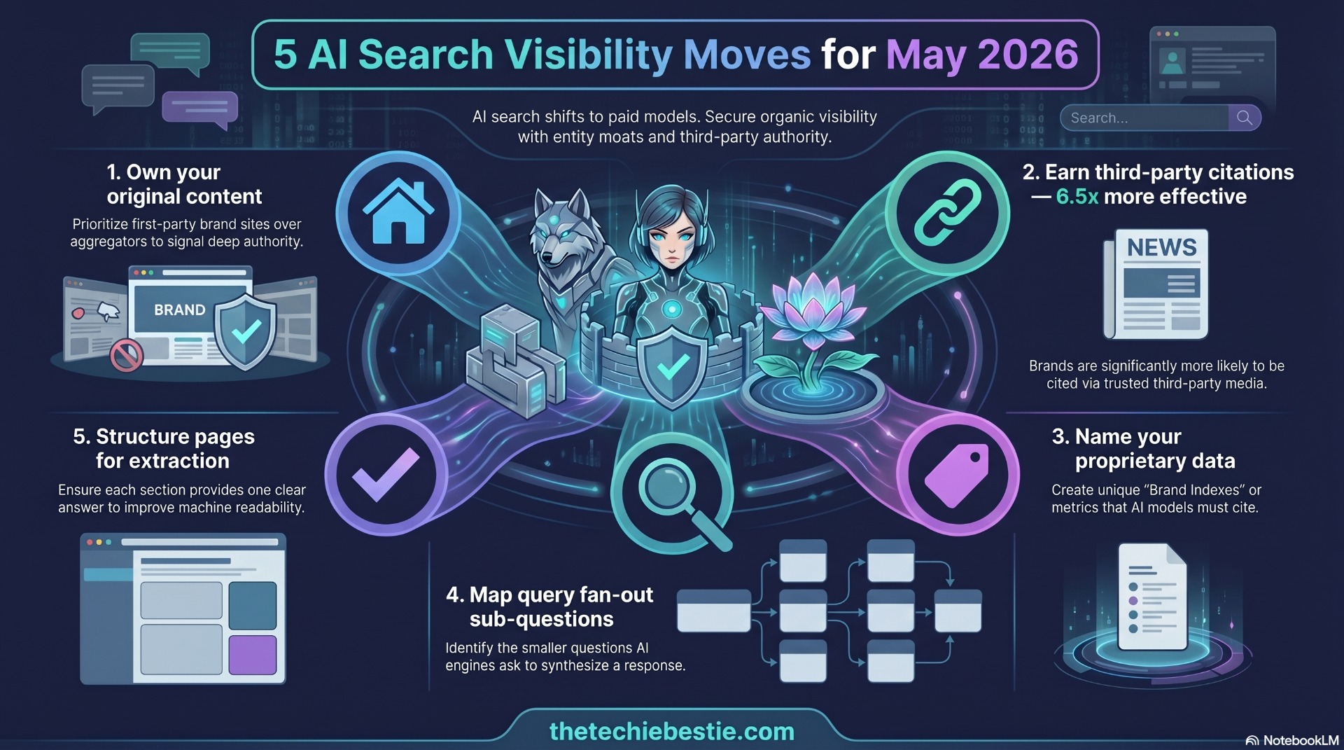 5 AI Search Visibility Moves for May 2026 — own your original content, earn third-party citations, name your proprietary data, map query fan-out sub-questions, and structure pages for extraction