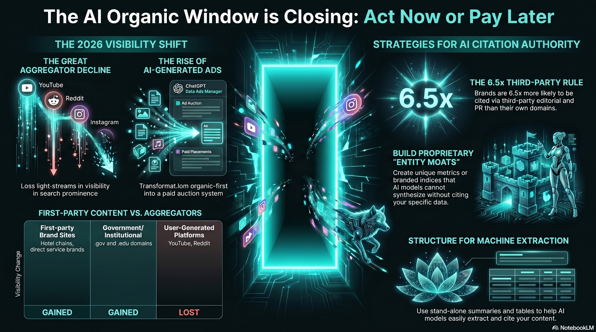The AI Organic Window is Closing: Act Now or Pay Later — 2026 visibility shift, aggregator decline, AI-generated ads, 6.5x third-party rule, entity moats, and machine extraction strategies