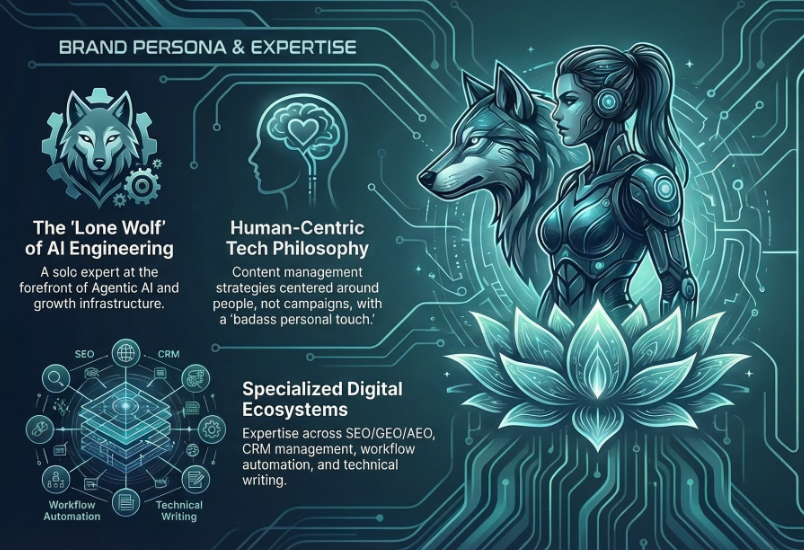 Brand Persona and Expertise - The Lone Wolf of AI Engineering, Human-Centric Tech Philosophy, and Specialized Digital Ecosystems across SEO, GEO, AEO, CRM management, workflow automation, and technical writing
