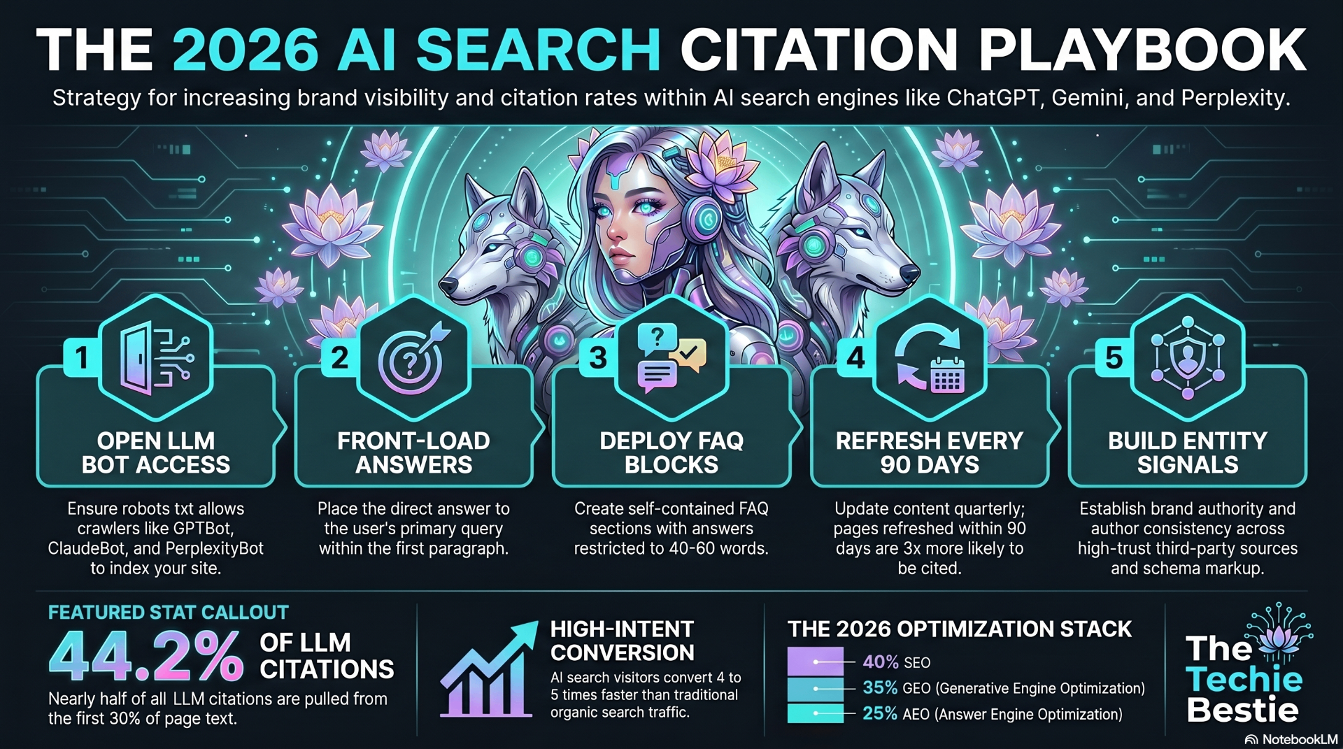 The 2026 AI Search Citation Playbook: 5 step strategy for increasing brand visibility in ChatGPT, Gemini, and Perplexity through open LLM bot access, front-loaded answers, FAQ blocks, 90 day refresh cycles, and entity signals