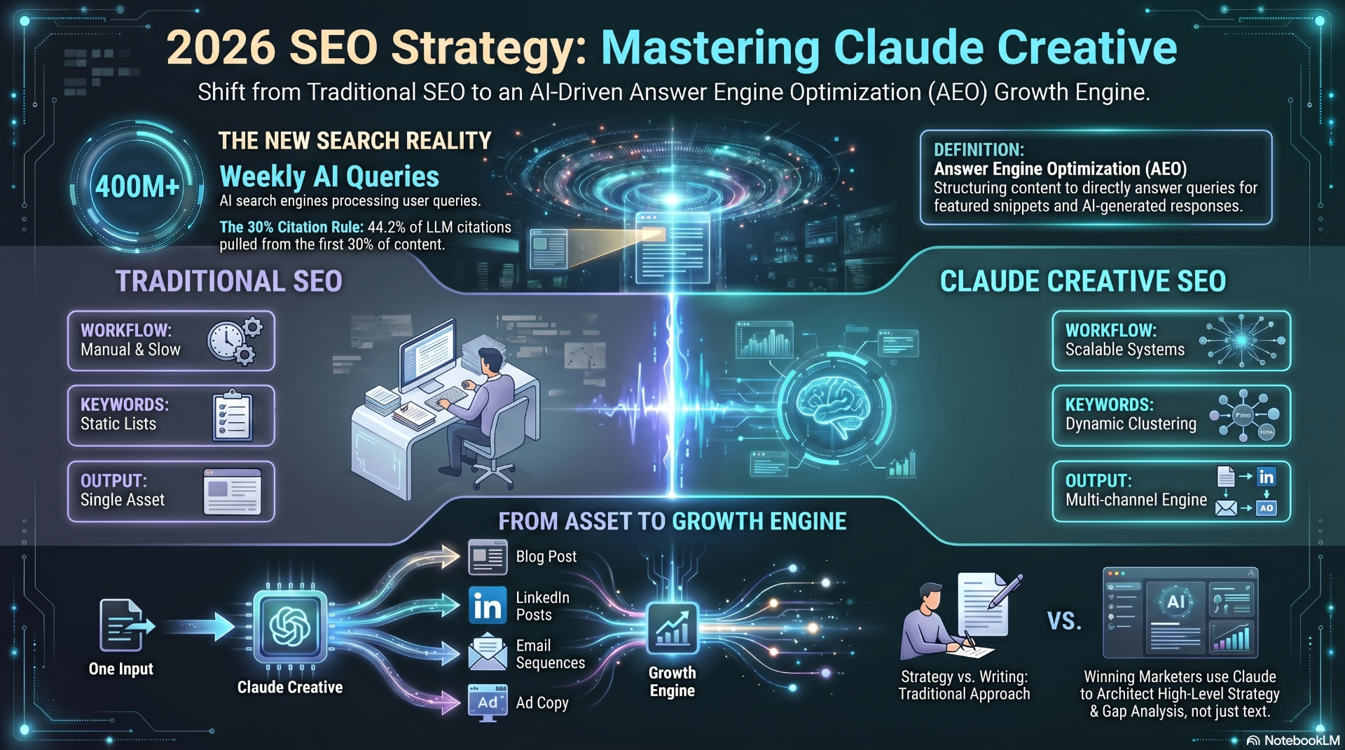 2026 SEO Strategy: Mastering Claude Creative — shifting from traditional SEO to an AI-driven Answer Engine Optimization growth engine with 400M+ weekly AI queries and the 30% citation rule