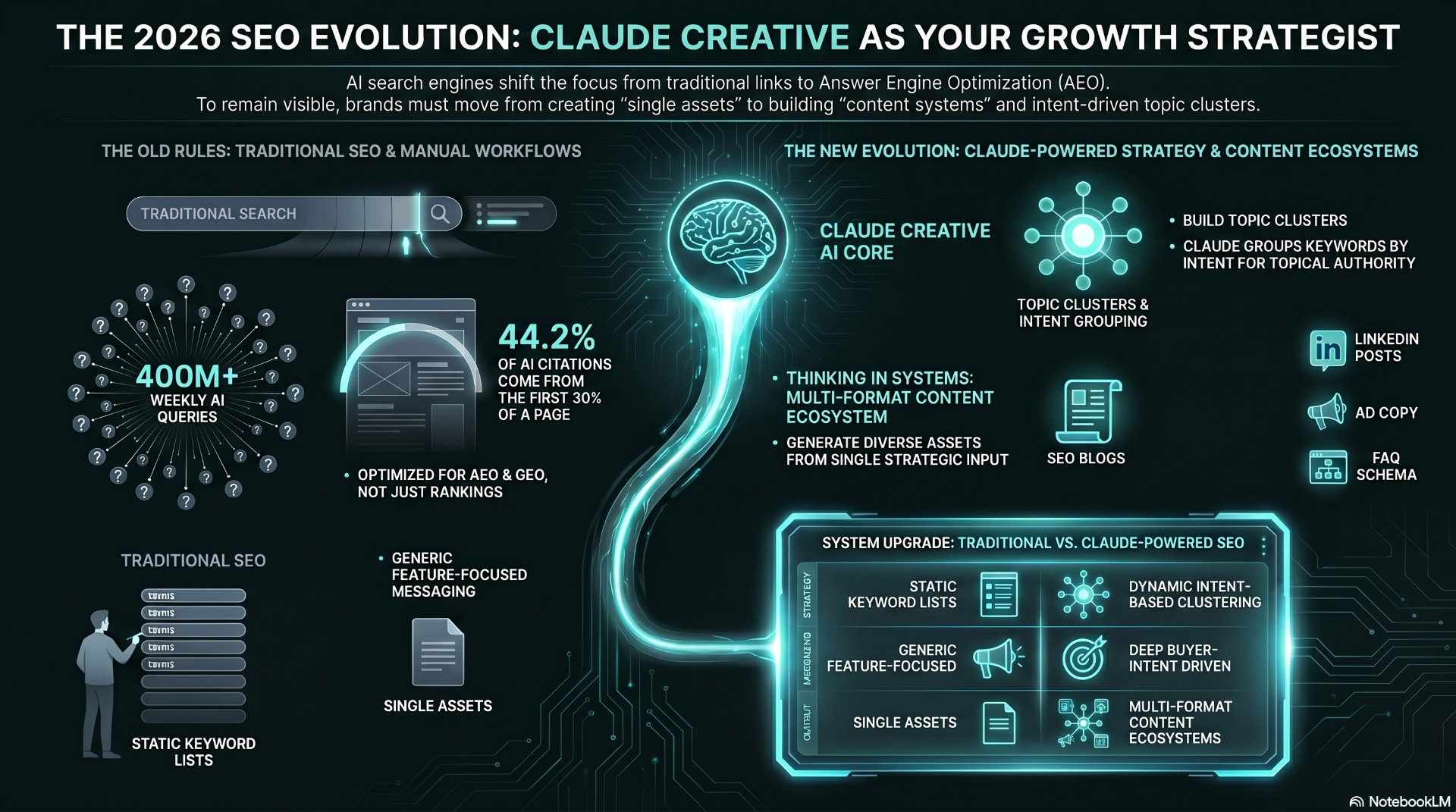 The 2026 SEO Evolution: Claude Creative as Your Growth Strategist — comparing traditional SEO and manual workflows to Claude-powered strategy, content ecosystems, topic clusters, and intent-based grouping