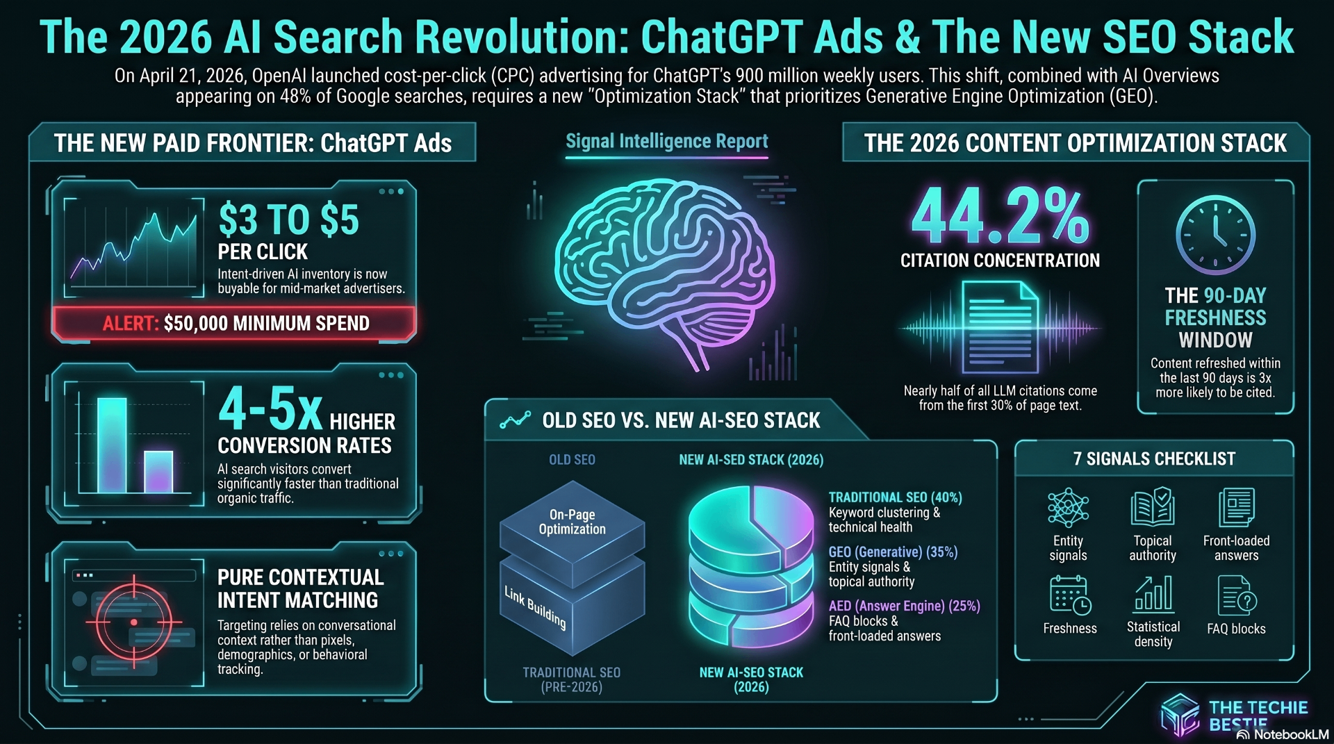 The 2026 AI Search Revolution: ChatGPT Ads and the New SEO Stack — $3 to $5 per click intent-driven inventory, 4 to 5x higher conversion rates, 44.2% citation concentration, and the new GEO and AEO content optimization stack