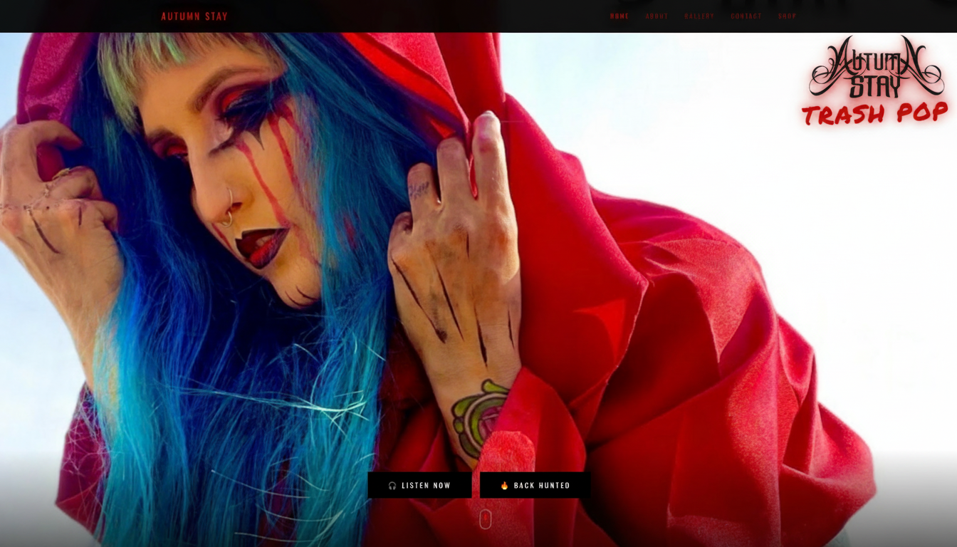 Autumn Stay, Trash pop artist site featuring bold visuals, music integration, gallery, and merch shop with a punk-rock edge.