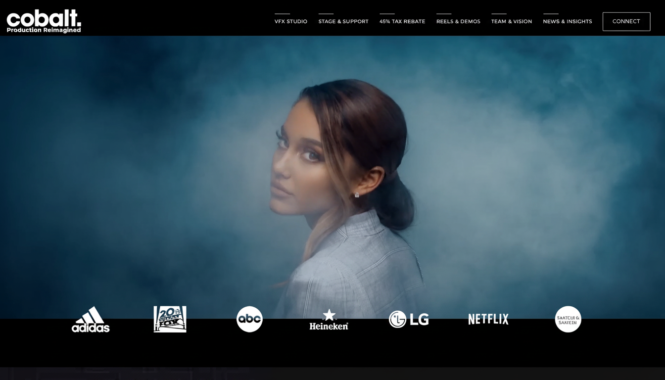 Cobalt Stages, Premium VFX studio and production stage site featuring cinematic visuals, client logos like Netflix and Adidas, and a sleek modern design.