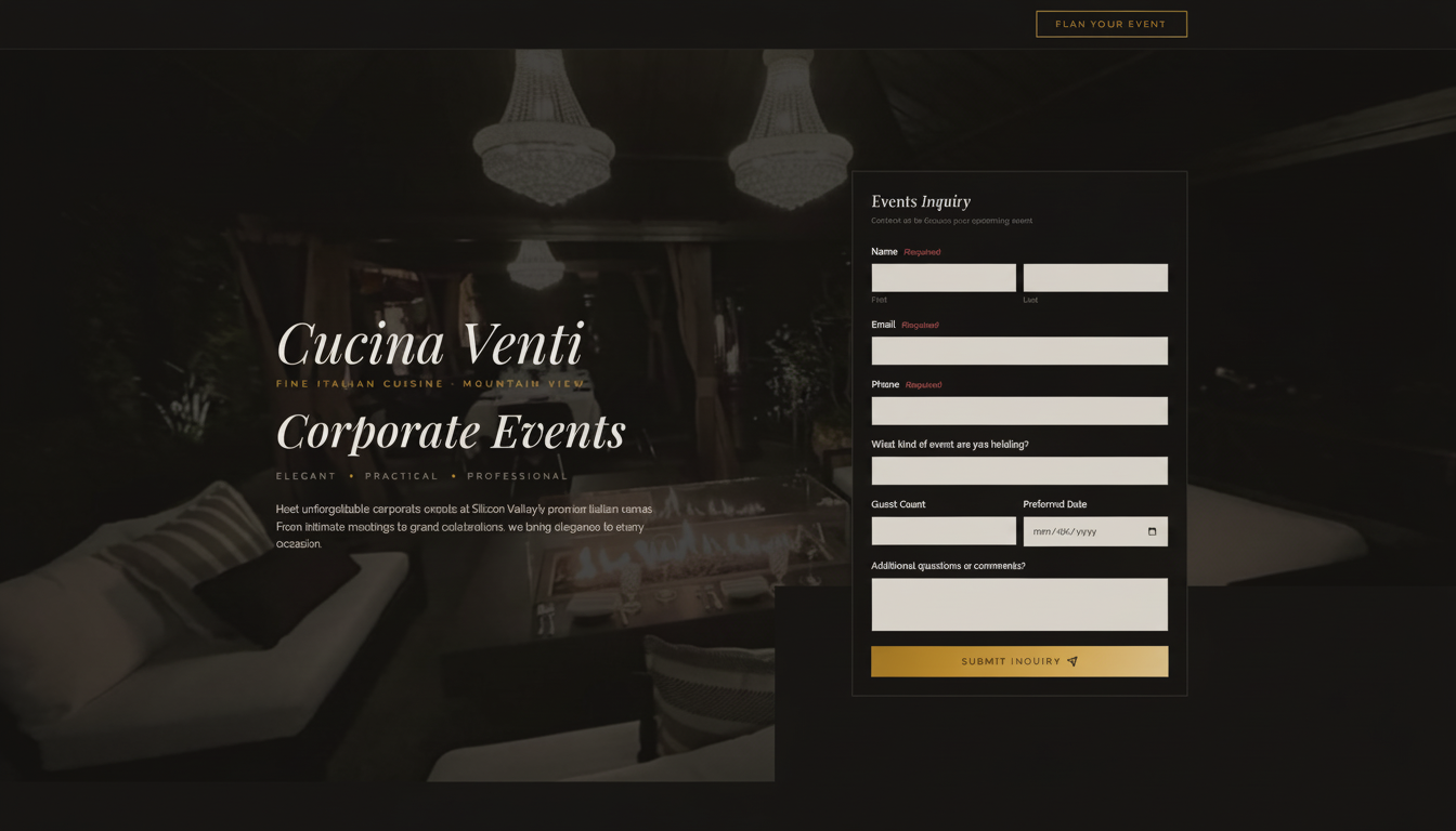 Cucina Venti Events, Elegant corporate events landing page for Silicon Valley's premier Italian venue with inquiry form and refined dark aesthetic.