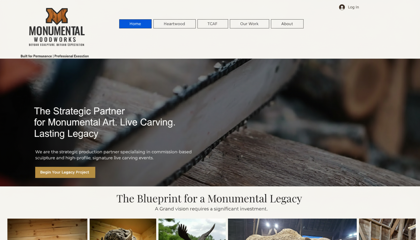 Monumental Woodworks, Strategic production partner for commission-based sculpture and live carving events, with an earthy, artisan aesthetic.