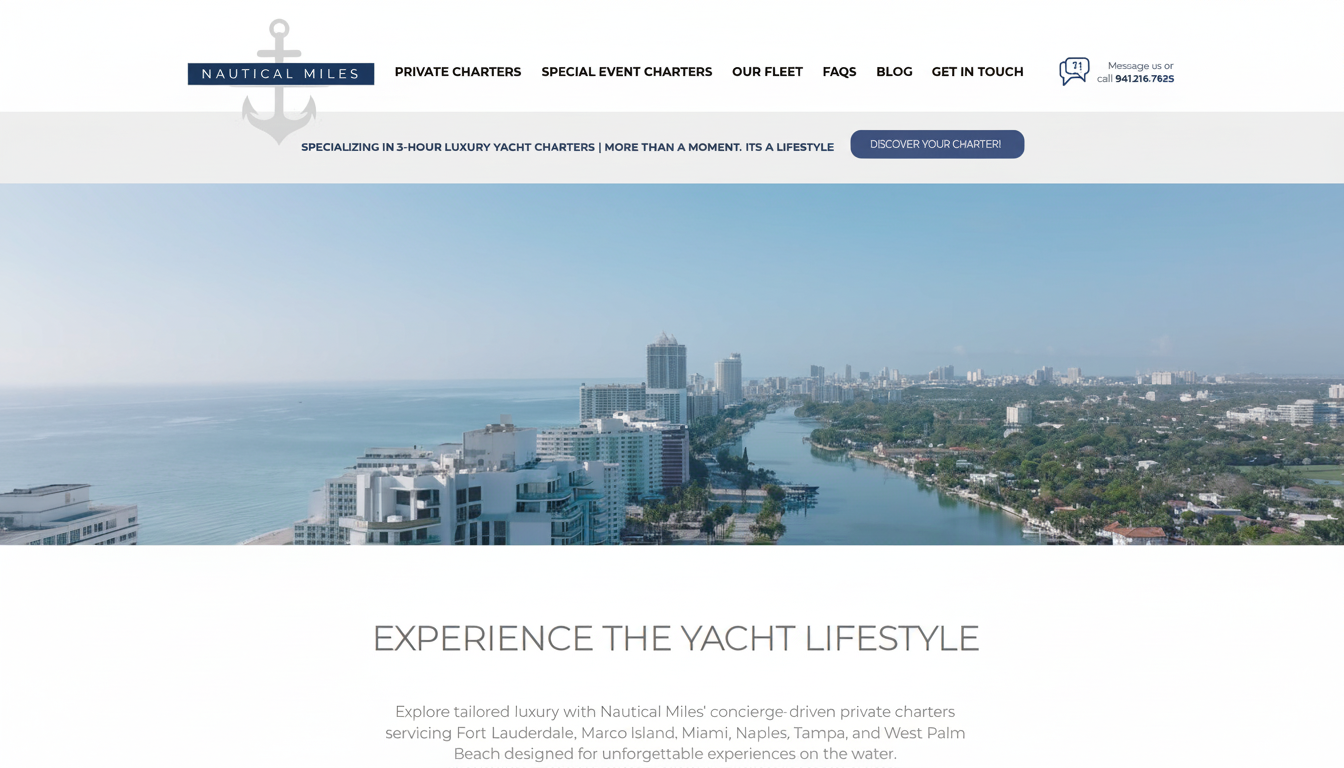 Nautical Miles Yacht Charters, Luxury yacht charter service across South Florida with concierge-driven private experiences and elegant coastal branding.
