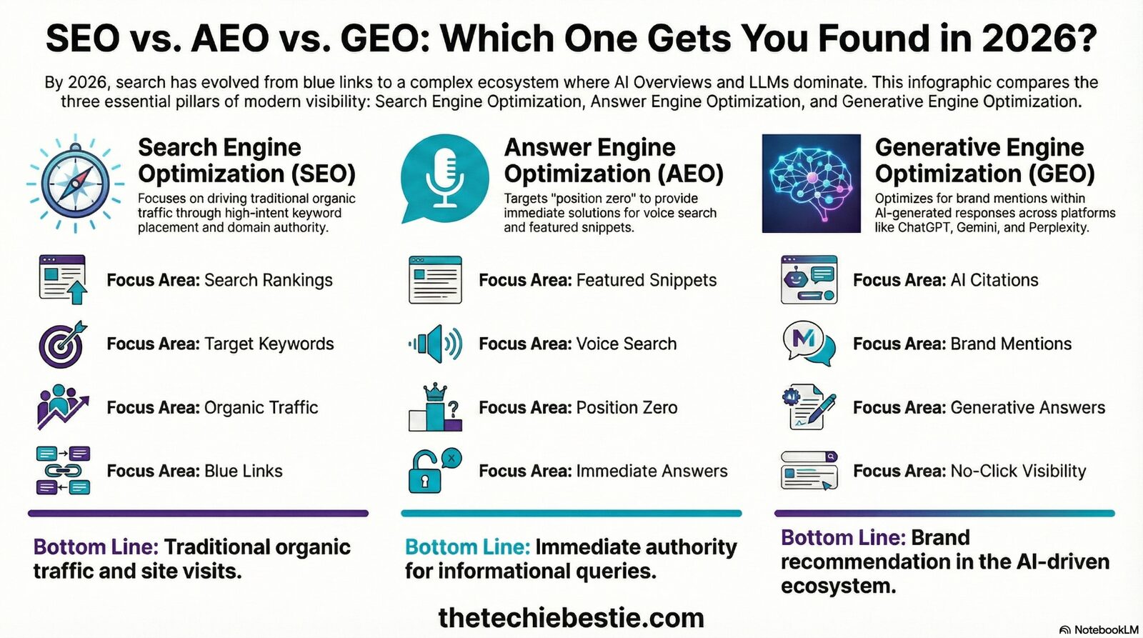 SEO vs AEO vs GEO: Which One Gets You Found in 2026 — comparing search engine optimization, answer engine optimization, and generative engine optimization focus areas