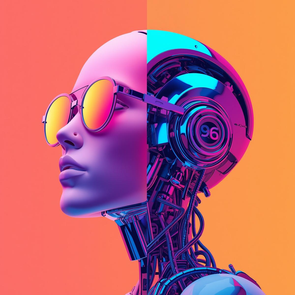 Split portrait combining a woman wearing sunglasses with a robotic head, representing creativity and technology